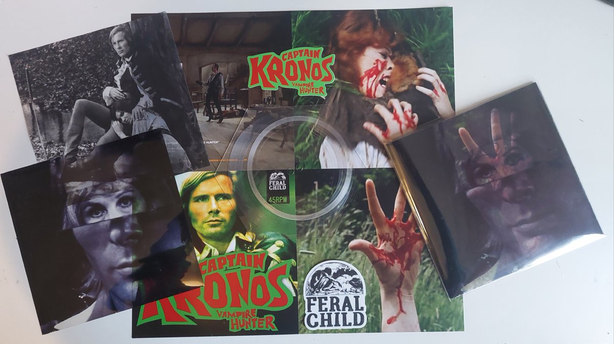 Feral Child 48. Friday 10am mailout. 'Captain Kronos: Vampire Hunter' UK/U.S trailers, dual spindle holed clear hexagon shaped disc, acetate & tracing paper inserts. numbered to 99. mailout list: thegreatpopsupplement@hotmail.com @dom_feralchild #feralchildrecordings