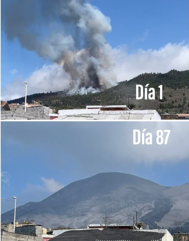 Se cumplen dos años de la erupción de La Palma. Entre estas dos fotos, surgió y creció el volcán #Tajogaite.
📸 <a href="/abelrinconv/">Abel</a>

Inicio 19/9/21 
Fin 13/12/21
Dorsal Cumbre Vieja
Duración: 85 días
2988 edificaciones destruidas
1219 hectáreas arrasadas
73,8 km de carreteras sepultadas