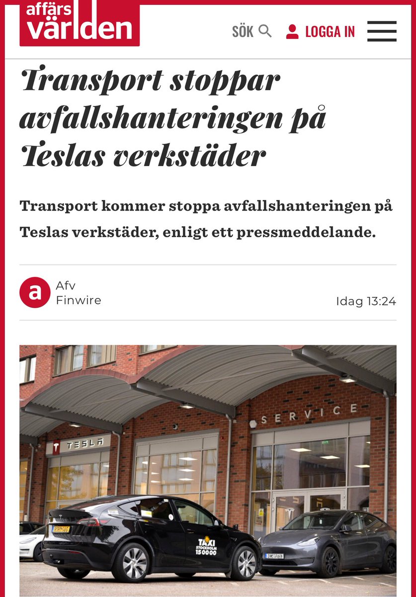 Facken stoppar sop/avfallshantering på alla Teslas verkstäder från den 24e december för att Tesla inte vill buga sig till fackmaffian och signera k-avtal. Vad kommer näst? Elektricitet, betalsystem? Men glöm inte att det är helt frivilligt att signera kollektivavtal i Sverige 😇