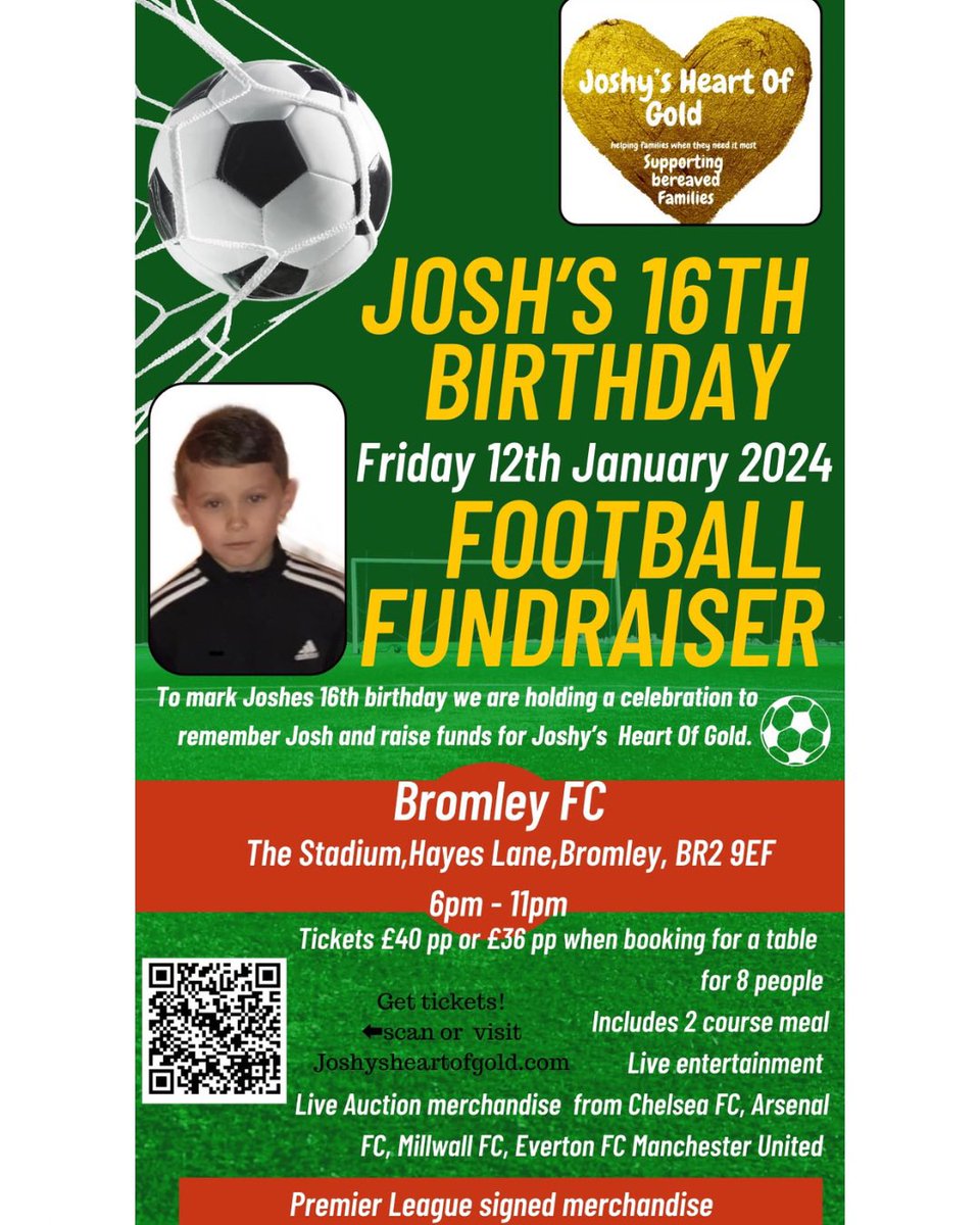 To mark and celebrate￼ Joshes special day on the 12th of January we are holding a football fundraiser. We would like to bring together Joshes family, friends  and everyone who has supported the charity JHOG in memory of Josh.
For tickets 

ticketsource.co.uk/jhog