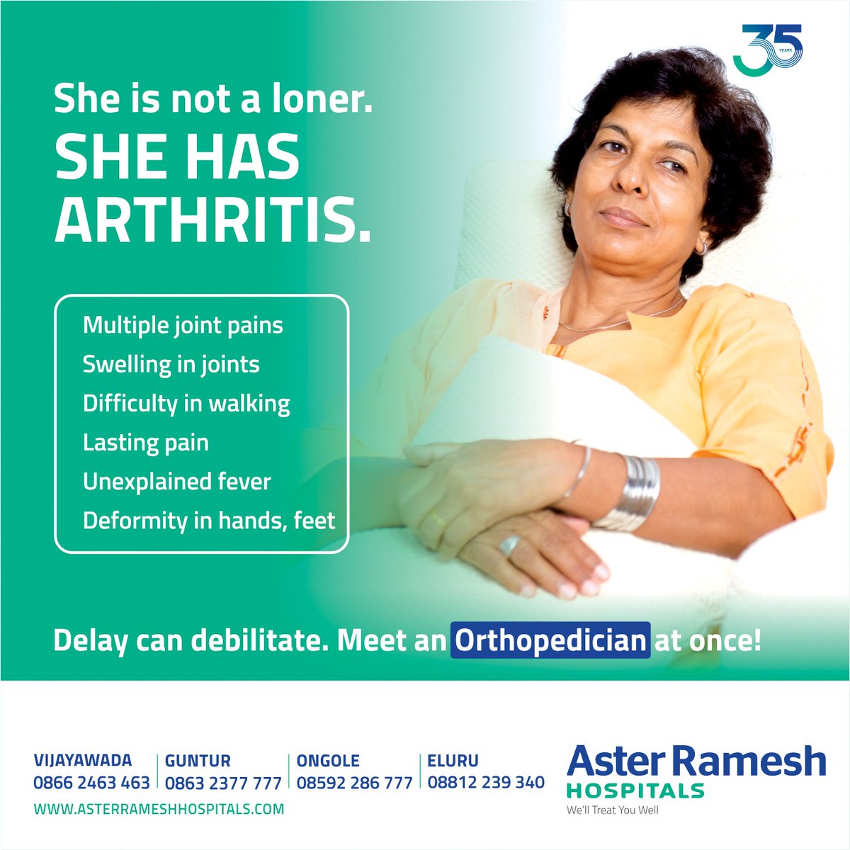 AsterRamesh's tweet image. Arthritis is caused by damage to a joint&apos;s cartilage. The pain and restricted movement can result in a withdrawal from social life. On experiencing symptoms, consult our Orthopedician.
#asterrameshhospital #arthritisproblems #arthritissymptoms #arthritisrelief #arthritistreatment