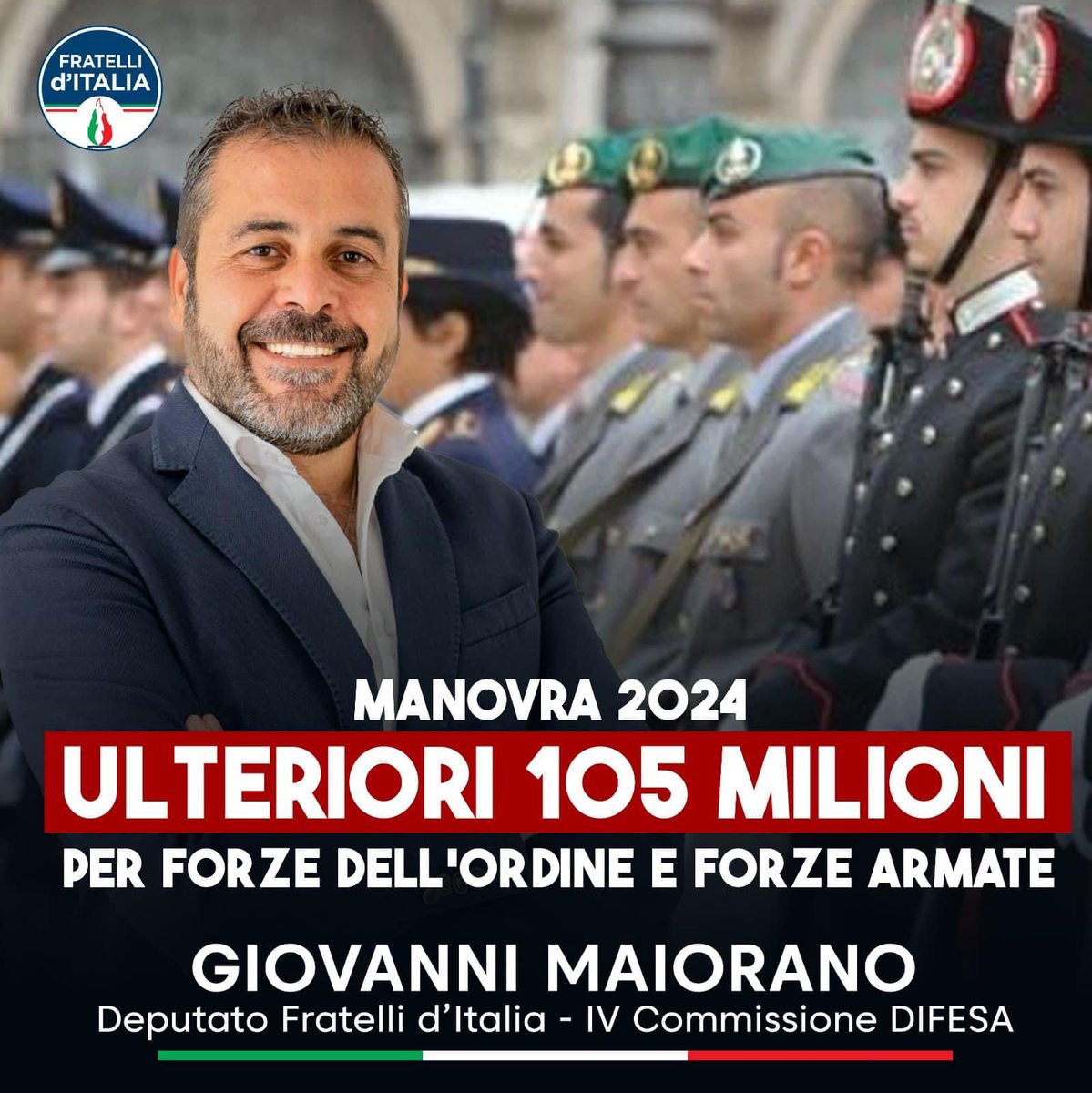 Nella manovra 2024 il #GovernoMeloni stanzia ulteriori 105 milioni per stipendi, pensioni, straordinari e polizze sanitarie per Forze dell'Ordine e Forze Armate. 

Avanti così, sempre dalla vostra parte! 🇮🇹❤

@FratellidItalia #difesa #sicurezza #forzearmate #polizia