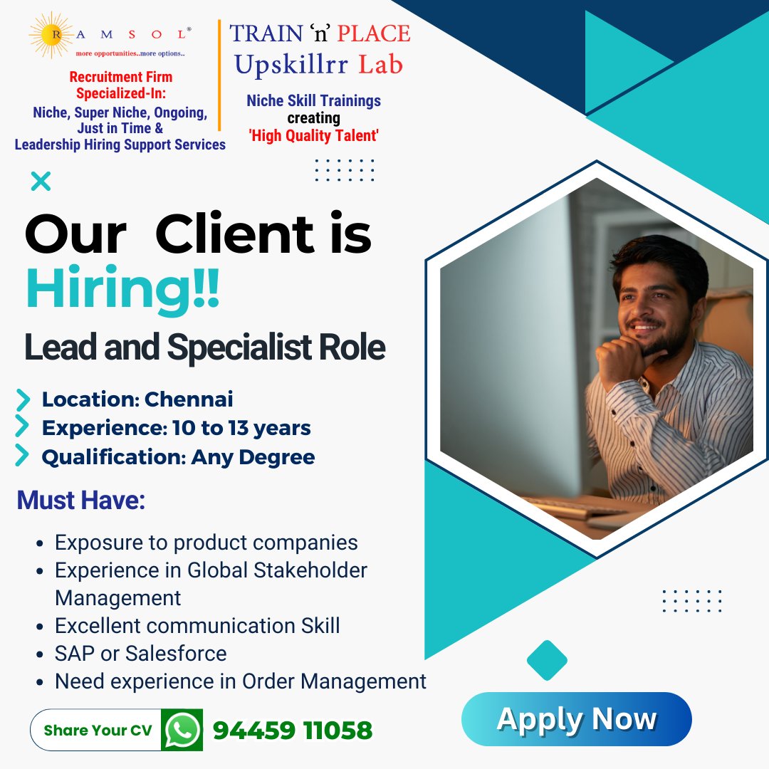 Hiring Now!!!

One of our Clients is hiring for the Position 
Lead AND Specialist

WhatsApp@ 94459 11058

#job #career #hiring #jobsearch #jobopening #nowhiring #SAP #salesforce #Lead #specialist #ChennaiJobs