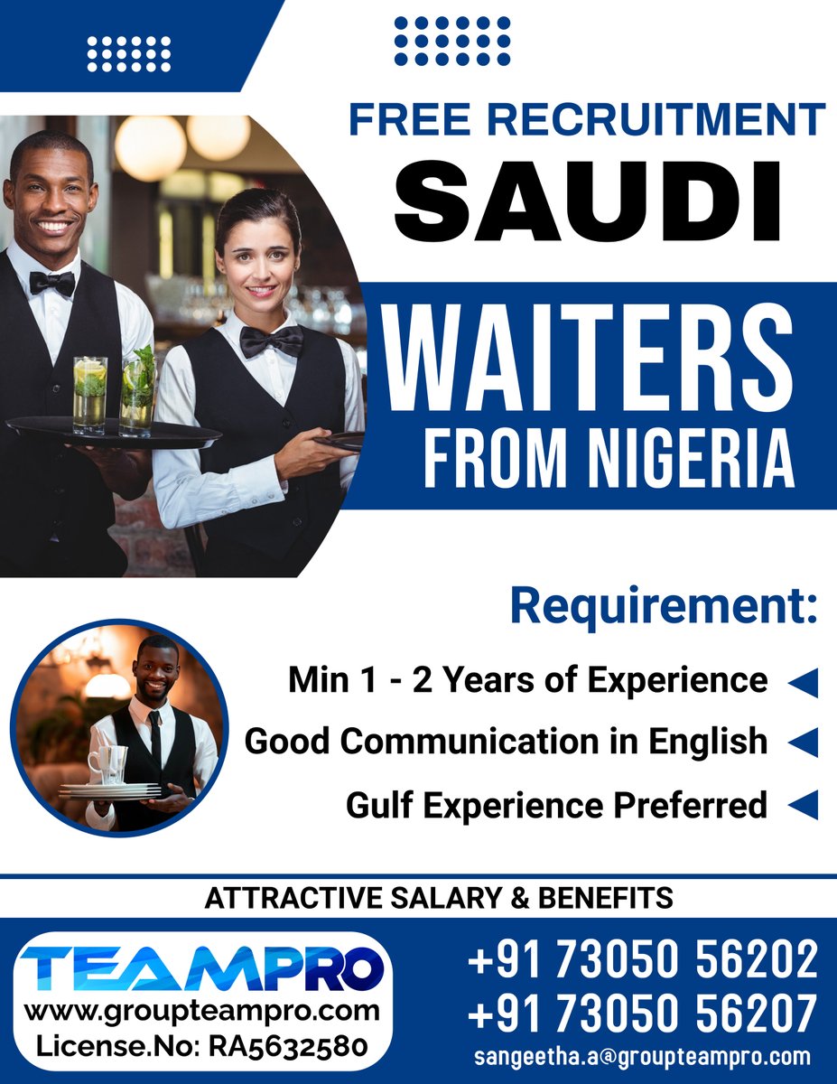 #Saudiarabia #Saudijobs #free #recruitment #Directinterview #waiters #nigeria #hotelmanagement #hotel #waiter #waiterlife #experience #gulfexperience #benefits #Chennai #Mumbai #Direct #Immediate #Joiners #saudiprojects