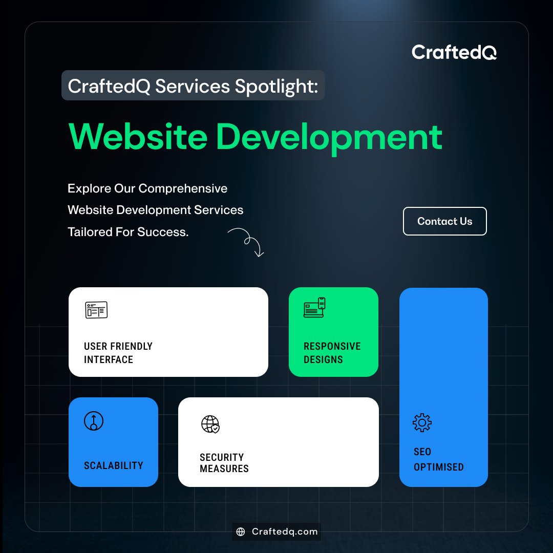 'CraftedQ is your gateway to a standout online presence! 🌐✨ Explore the excellence of our Website Development services. Elevate your brand in the digital realm. #CraftedQ #WebsiteDevelopment #DigitalTransformation'
#DigitalInnovation'