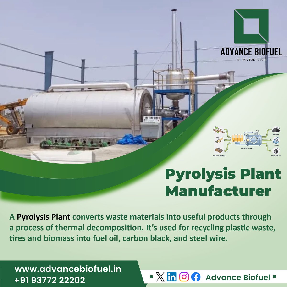 From concept to reality – Advance Biofuel leads the charge as the Pyrolysis Plant Manufacturer in Ahmedabad. Join us in the journey towards a cleaner, greener planet. 

#AdvancedBiofuel #PyrolysisPlant #Manufacturing #RenewableEnergy #GreenTechnology #EcoFriendly #CleanEnergy