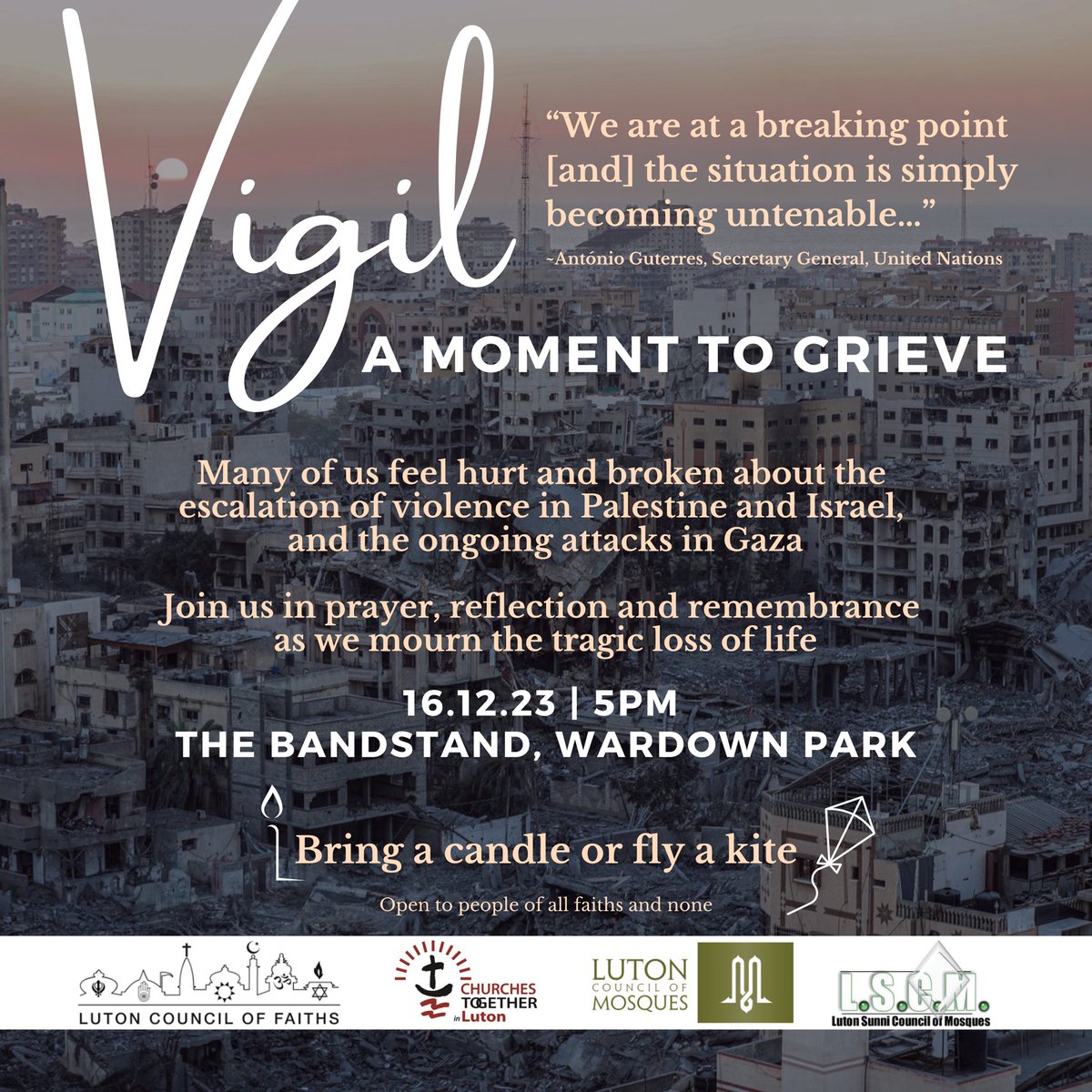 LutonMosques's tweet image. There is an immense sense of grief in our communities at the moment. We have create a space to allow us to come together to mourn together.

🗓️ 16 December 2023
⏰ 5pm
📍 The Bandstand, Wardown Park

Join us.