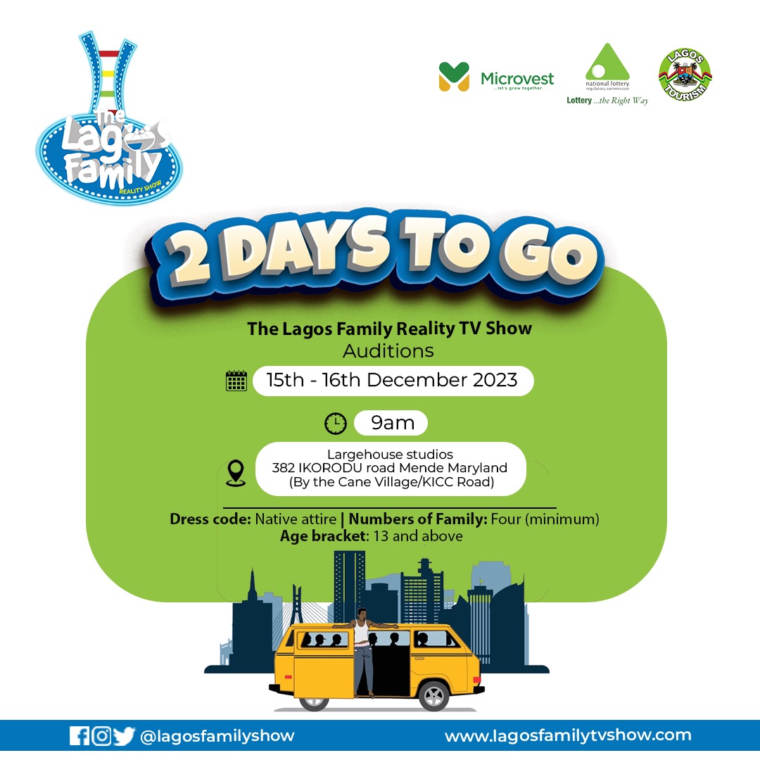 lagosfamilyshow's tweet photo. Are you ready!!!!
2days left for the Auditions. 
Date: 15th - 16th of December 2023.
Time: 9am prompt Venue: Largehouse studios 382 IKORODU road Mende Maryland (By the Cane Village/KICC Road)
Dress code: Native attire
Numbers of Family: Four (minimum) 

#9jaFamily #Lagosfamily https://t.co/gRjgQpF2L8