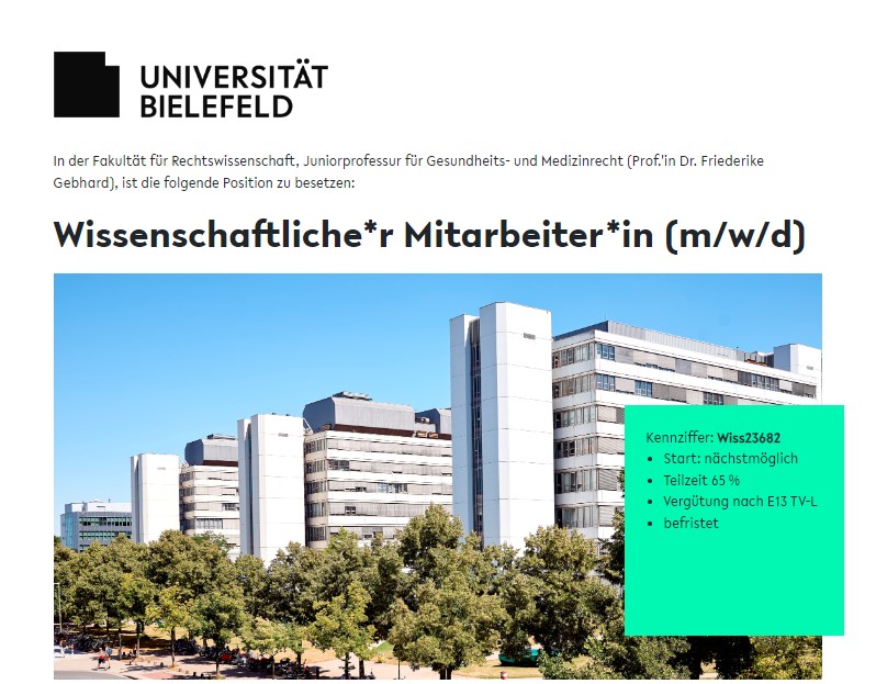 Friederike Gebhard (@fcgebhard) on Twitter photo LAST CALL!
Die Frist für die Ausschreibung der 65%-WiMi-Stelle bei mir an der Juniorprofessur für Gesundheits- und Medizinrecht <a href="/unibielefeld/">Bielefeld University</a> läuft noch bis kommenden Montag, 18. Dezember! 🎄
uni-bielefeld.hr4you.org/job/view/2947/… LAST CALL!
Die Frist für die Ausschreibung der 65%-WiMi-Stelle bei mir an der Juniorprofessur für Gesundheits- und Medizinrecht <a href="/unibielefeld/">Bielefeld University</a> läuft noch bis kommenden Montag, 18. Dezember! 🎄
uni-bielefeld.hr4you.org/job/view/2947/…