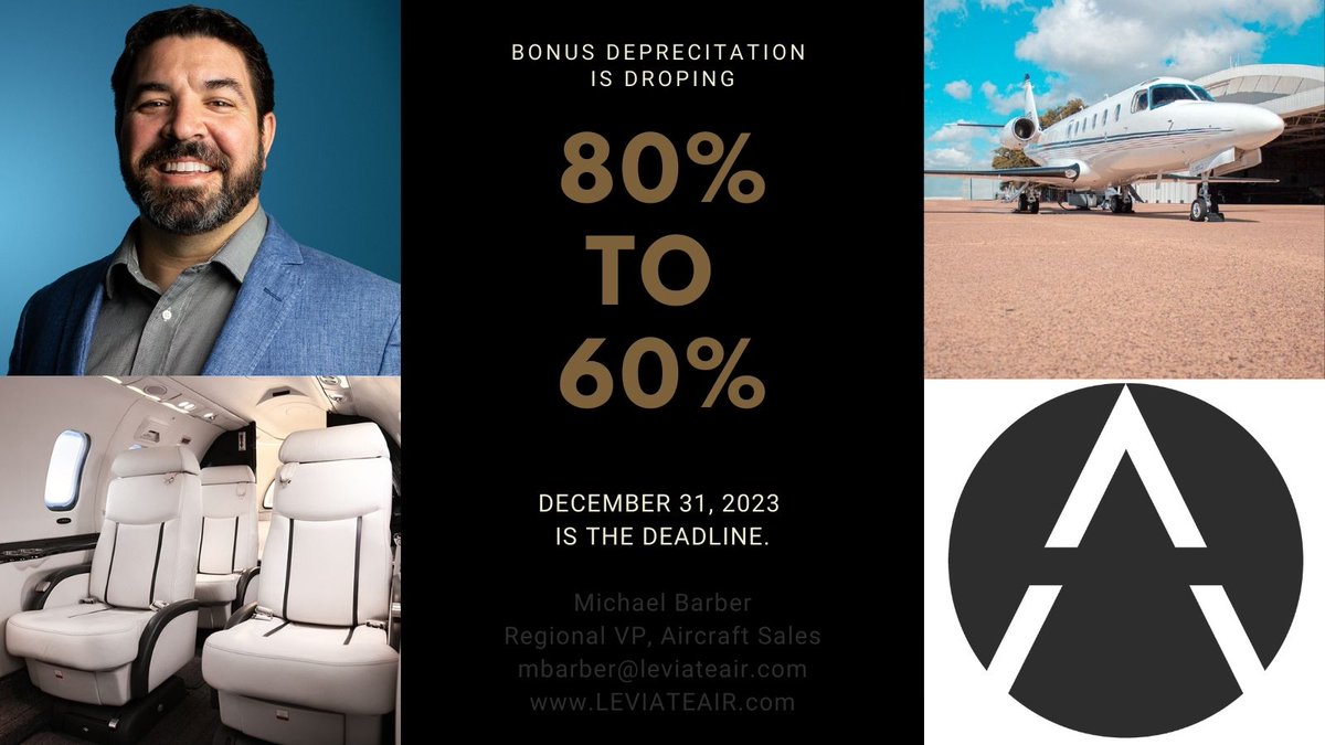Time's running out! In 2 weeks, the 2023 #TaxYear will bring a reduction in #BonusDepreciation from 80% to 60%. #AircraftBuyers should plan ahead and take advantage of the remaining bonus before it drops again - act now to keep your costs low! #TaxTips #BusinessSavings #Aviation
