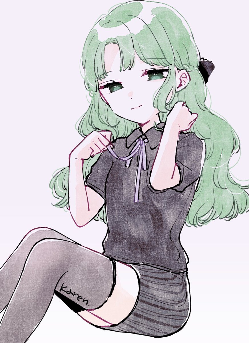 1girl solo thighhighs green hair ribbon shirt green eyes  illustration images