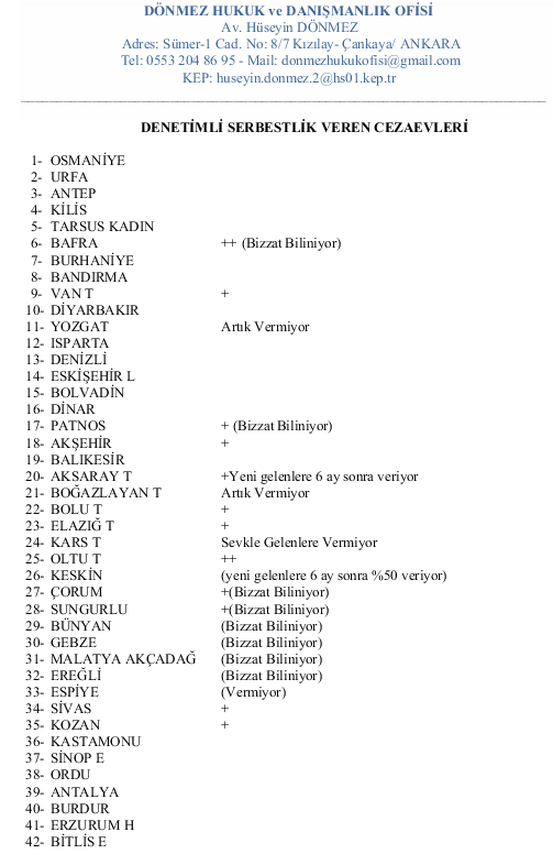 Denetimli Serbestlik veren cezaevlerinin bildiğimiz kadarıyla listesini aşağıdaki gibidir. Denetimli serbestlik verdiğini bildiğiniz yer varsa veya listede olup denetimli serbestlik vermemeye başlayan bir yer varsa lütfen bize bildirin. 
#denetimliserbeslik
#AİHM
#AİHMYalçınkaya