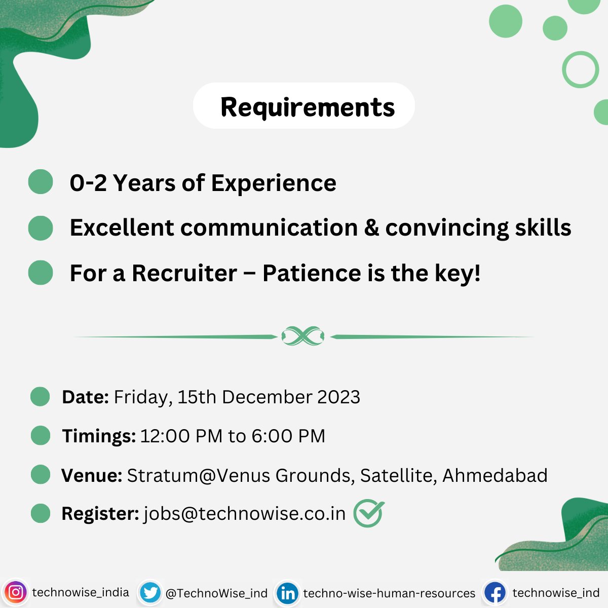 𝗙𝗿𝗲𝘀𝗵𝗲𝗿𝘀 𝗹𝗼𝗼𝗸𝗶𝗻𝗴 𝘁𝗼 𝗸𝗶𝗰𝗸-𝘀𝘁𝗮𝗿𝘁 𝘁𝗵𝗲𝗶𝗿 𝗰𝗮𝗿𝗲𝗲𝗿 𝗶𝗻 𝗛𝗥 𝗥𝗲𝗰𝗿𝘂𝗶𝘁𝗺𝗲𝗻𝘁

#Recruiter #ITRecruitment #HR #DigitalMarketing #BDE #Freshers #Jobs #Ahmedabad #Recruitment #WalkIn #WalkInDrive

Follow: #TechnoWise_India