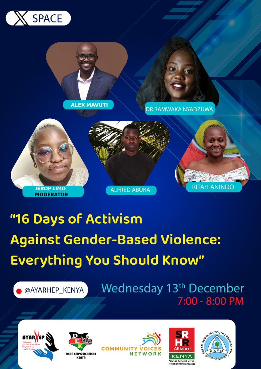 Moving from commitments to action!

As we climax the #16DaysOfActivism we start taking actions to foster awareness of SGBV, empathy and safe spaces for discussions.

Join us today through @AYARHEP_KENYA X wall
@SautiZetu254 
@MenstrualDaddy 
@Ramwaka_ 
@AlexTheM16 
@jerop_limo