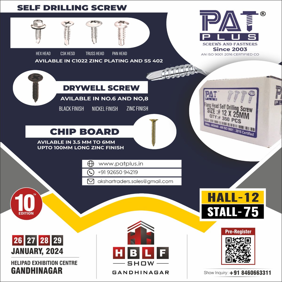 HBLFShow's tweet image. Witness the future of #fasteningsolutions with PAT PLUS Screws &amp;amp; Fasteners at the #HBLFShow2024.
#PATPlus #AksharTraders #PATPlusSelfDrillingScrews #ImporterofFasteners #SelfDrillingScrew #AnchorFastener #MSStud #NutBolt #DrywallScrew #HBLFShow #ArchitecturalProductsExhibition