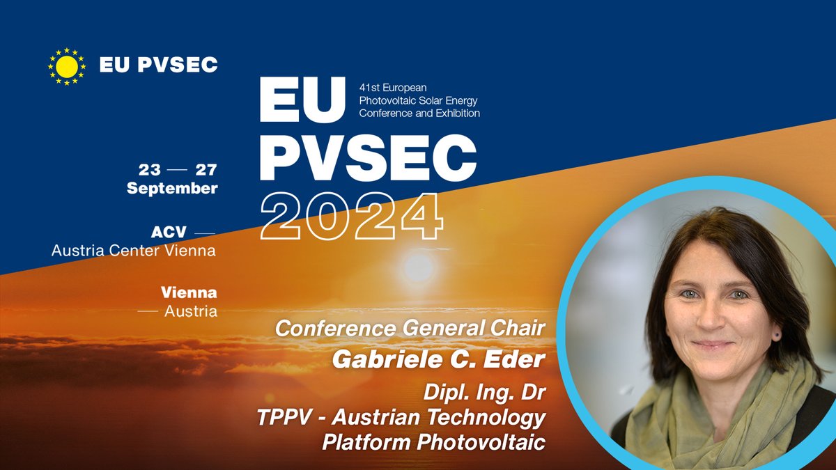 We are pleased to announce Dr Gabriele C. Eder as General Chair of the #EUPVSEC2024. As a renowned expert in the #SolarPV field, she brings a wealth of knowledge and expertise to this role.
Read her message to the PV community 👉 bit.ly/3GGyUZr
#EUPVSEC #ConferenceChair