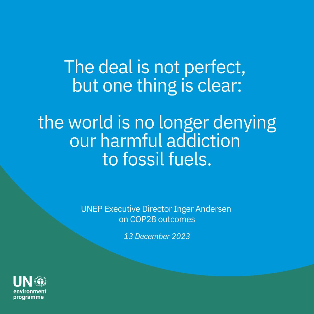 UN Environment Programme (@unep) on Twitter photo "#COP28 has delivered, for the first time at climate talks, a clear call on countries to transition away from fossil fuels,” says UNEP’s <a href="/andersen_inger/">Inger Andersen</a>.
As the conference concludes, the focus must shift to rapid, decisive action.
More: bit.ly/47SLXDi "#COP28 has delivered, for the first time at climate talks, a clear call on countries to transition away from fossil fuels,” says UNEP’s <a href="/andersen_inger/">Inger Andersen</a>.
As the conference concludes, the focus must shift to rapid, decisive action.
More: bit.ly/47SLXDi