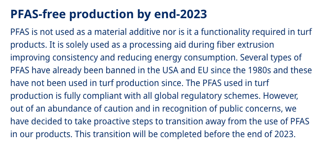 feuilletonesse's tweet photo. @bennettpeer Oh, but martyr @TenCateGrassUS claims its #artificialturf will be PFAS (production) free by "the end-2023". Have fun tearing apart that tall one. https://t.co/lbwsyFQnbN https://t.co/0mO7T3CcNj