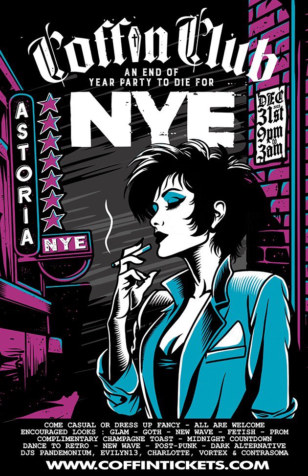 Come celebrate New Year’s Eve with us at the Astoria! Tix are on sale now at eventbrite.ca/e/coffin-club-… 🎟️ Grab your ticket and get glamorous with us at the midnight hour 🌙 #CoffinClub #Vancouver #NYE2023