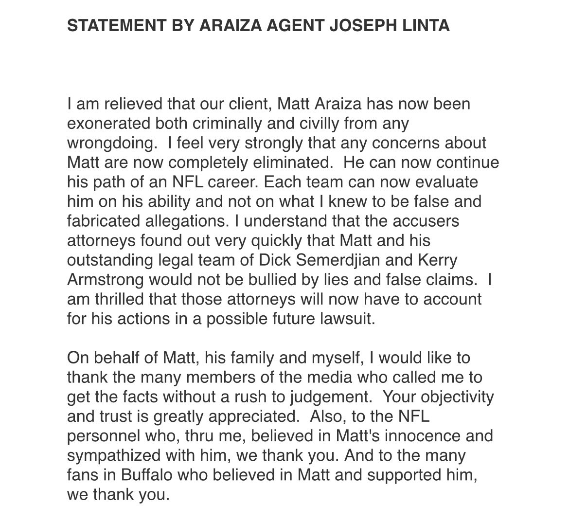 Statement from JL Sports president Joe Linta regarding client <a href="/matt_araiza/">Matt</a> press conference today.