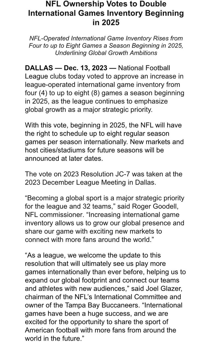 More international NFL news. Clubs approved an increase in # of intl games from 4 to up to 8 in 2025. No club will be required to play more than 1 game outside of North America in the same season unless they choose to.