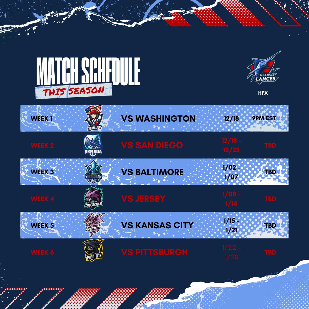 Halifax Lances (@hfxlancesgg) on Twitter photo Want to know who we play in <a href="/URCallofDuty/">United Rogue: Call of Duty</a> Season 1? Look no further, as these are our match-ups this season. Want to know who we play in <a href="/URCallofDuty/">United Rogue: Call of Duty</a> Season 1? Look no further, as these are our match-ups this season.