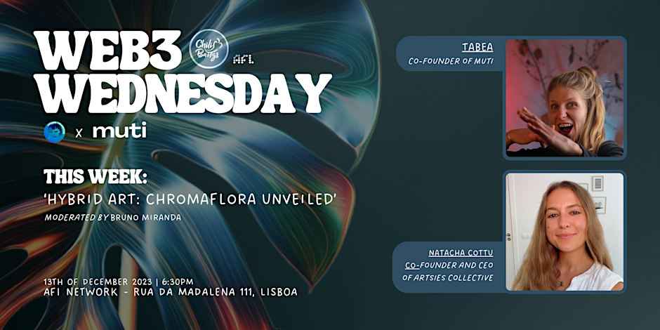 Chilibangs (@chilibangs) on Twitter photo Hello Chilis!
This week’s Web3 Wednesday will be a special edition.
🌐 Theme: ChromaFlora
🎤 Speakers: Natacha Cottu (<a href="/artsiesco/">Artsies Collective |</a>) & Tabea (<a href="/CollectiveMuti/">muti.collective</a>)
🖼️ Overview: Dive into the intersection of Web3 and art with insights into ChromaFlora Exhibition.
Stay spicy ❤️🔥 Hello Chilis!
This week’s Web3 Wednesday will be a special edition.
🌐 Theme: ChromaFlora
🎤 Speakers: Natacha Cottu (<a href="/artsiesco/">Artsies Collective |</a>) & Tabea (<a href="/CollectiveMuti/">muti.collective</a>)
🖼️ Overview: Dive into the intersection of Web3 and art with insights into ChromaFlora Exhibition.
Stay spicy ❤️🔥
