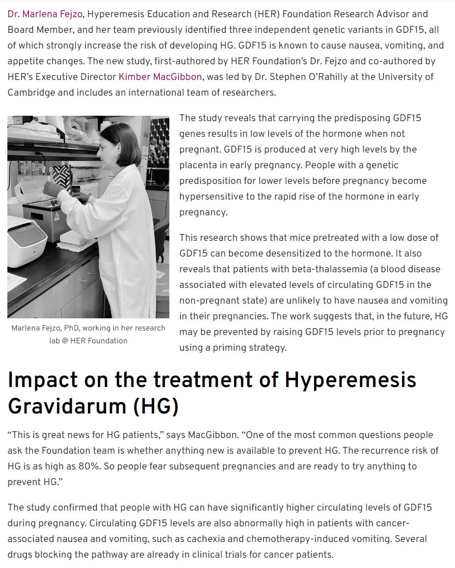 🎉NEW! 🎉

'Abnormally ⬆️levels of hormone GDF15, & ⬆️sensitivity to it, are the major factors contributing to #HyperemesisGravidarum (HG) the most severe form of pregnancy nausea & vomiting.'

This is why Anna is an only child🥲 Delighted she may have more options than I did 🙌