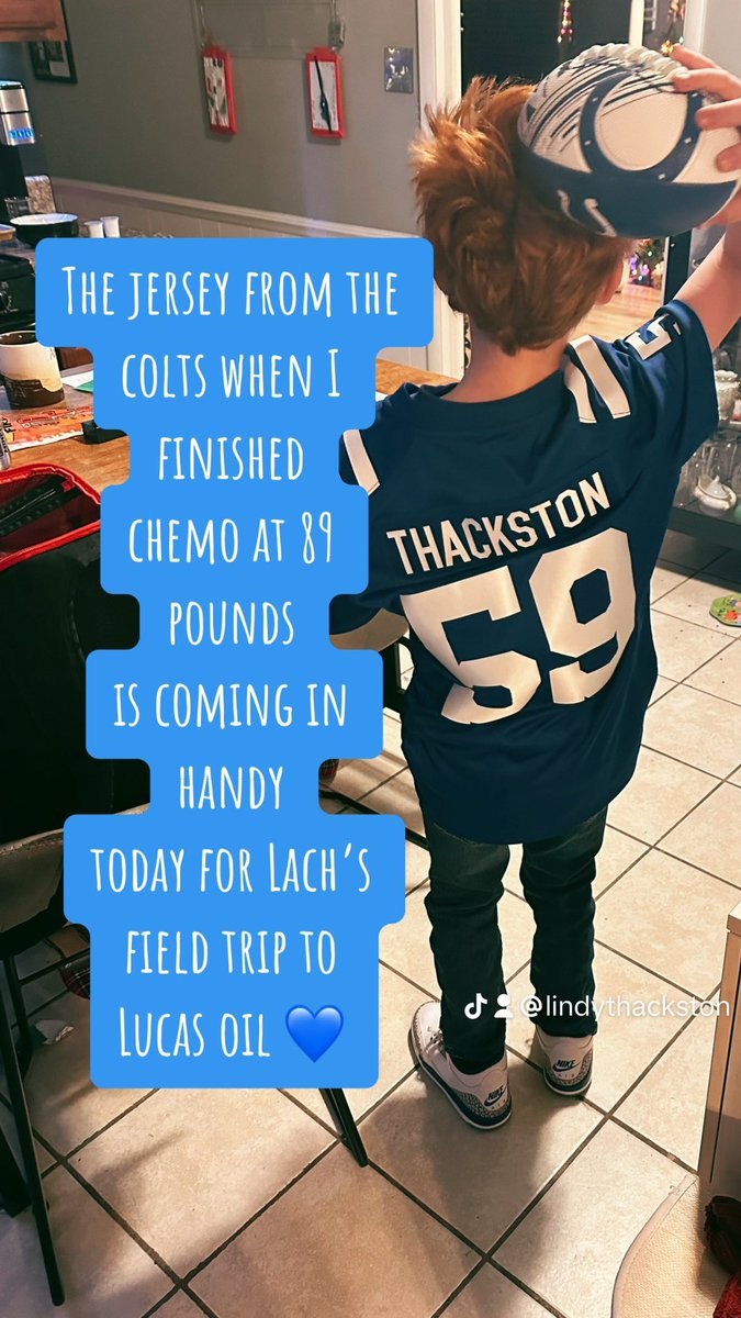 So sweet Lachlan is wearing my jersey for @LucasOilStadium field trip from the @Colts when encouraging me before my surgery when cancer hit stage 4. I was 89 pounds so it’s perfect size for him! #LoveIndy @blue @JimIrsay @FOX59 #cancersurvivor 💙