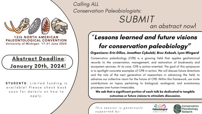 #Conservation #paleobiology is coming to #NAPC2024!

Join our exciting symposium: 'Lessons learned and future visions for conservation paleobiology'  
 
Submit your abstract by Jan 20, 2024 
sites.lsa.umich.edu/napc2024/prepa…

See flyer for details!