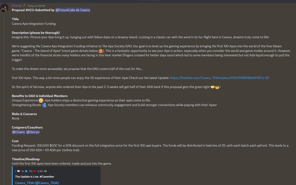 The "Cavera Ape Integration Funding " proposal has entered the voting stage!

Cast your vote 👍 within the <a href="/the_ape_society/">The Ape Society</a>  Discord Server to support the 50% discount for the first 100 Apes. 👀