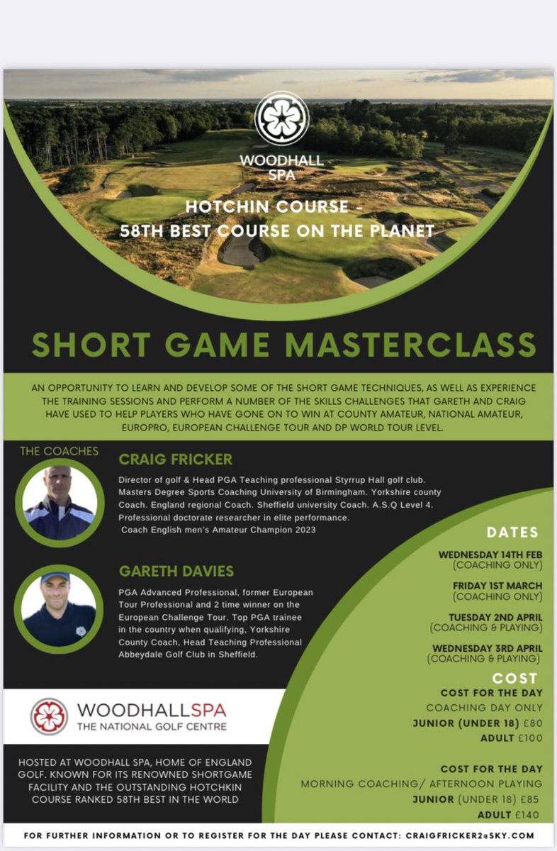 Looking forward to hosting a number of coaching days early next year at Woodhall spa with good friend and fellow golf coach @GDaviesGolf If you require any further information please get in touch. Places are limited and will be reserved on a first come first serve basis.