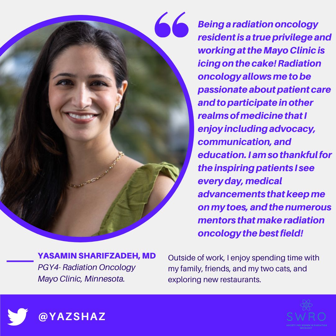 This #WeWhoCurie Wednesday we highlight the amazing @yazshaz from 🇮🇷 who is a PGY4 @MayoRadOnc & stays very active in our community as part of the @ARRO_org education subcommittee & @ACROresident communications subcommittee! Today she talks about why #RadOnc is the best field🤩😁