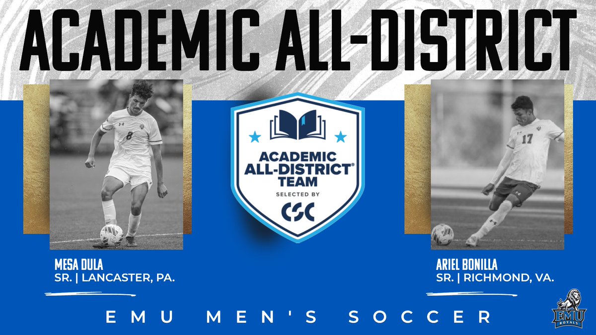 𝙂𝙀𝙏𝙏𝙄𝙉 𝙄𝙏 𝘿𝙊𝙉𝙀 𝙊𝙉 𝘼𝙉𝘿 𝙊𝙁𝙁 𝙏𝙃𝙀 𝙋𝙄𝙏𝘾𝙃! 
Congratulations to Mesa Dula and Ariel Bonilla of @EmuMensSoccer for being named CSC Academic All-District! 

#CompeteTogether | #RoyalPride

📰: bit.ly/3GHyORy