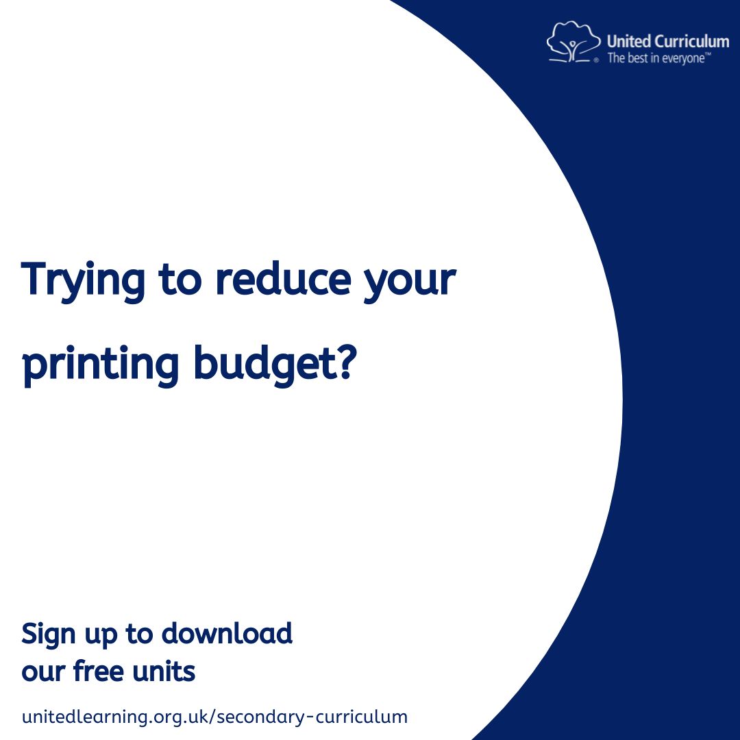 Trying to reduce your printing budget? 

The United Curriculum includes printable resources ONLY where a scaffold might be needed, and/or where a visual diagram or key words are needed for the learning. 

unitedlearning.org.uk/secondary-curr…

#Curriculum #SustainableCurriculum
