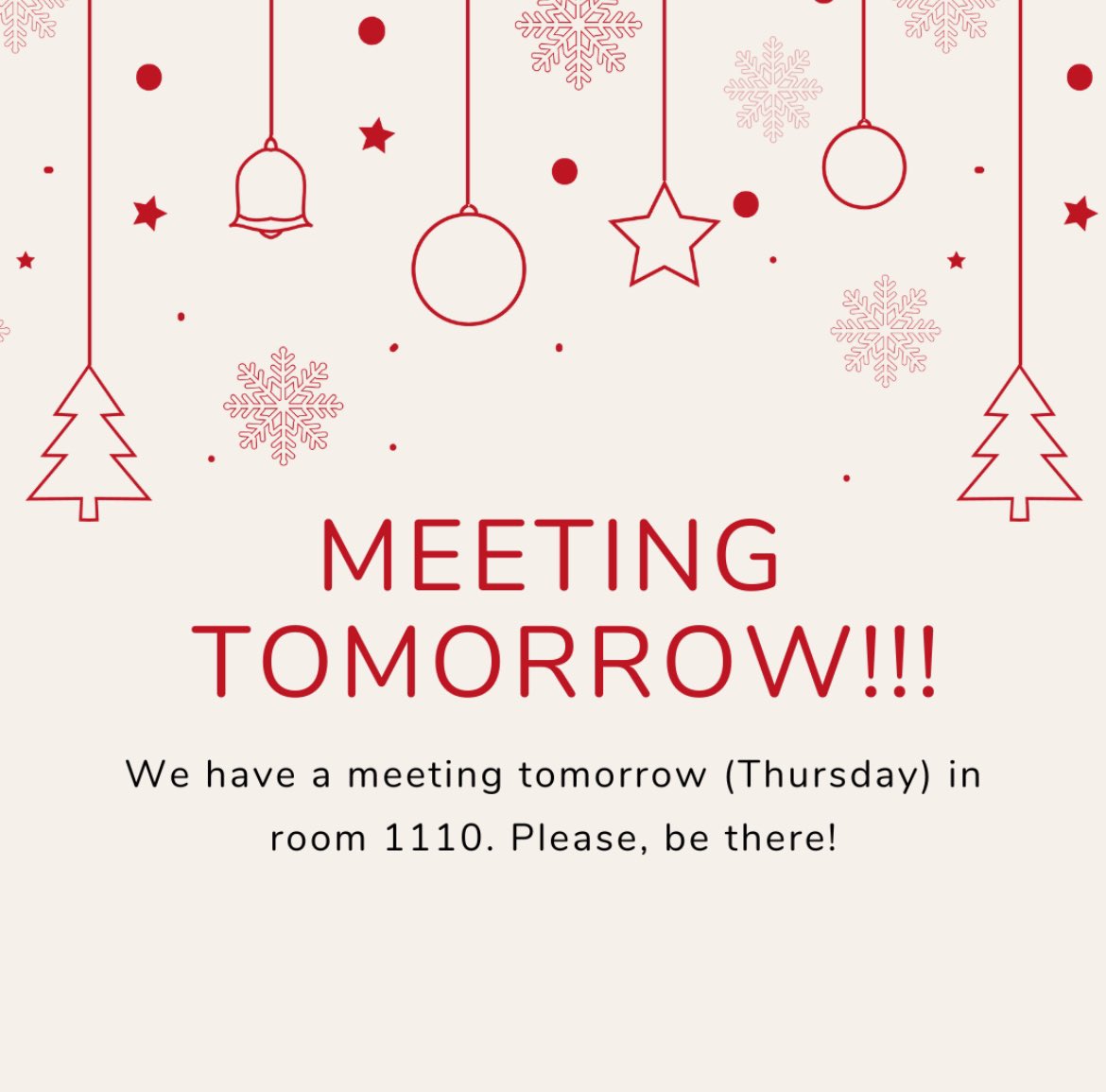 Hey everyone!! We have a meeting after school tomorrow in the seminar room (1110). We will be talking about states and study sessions, as well as drawing raffle winners from the November fundraising.