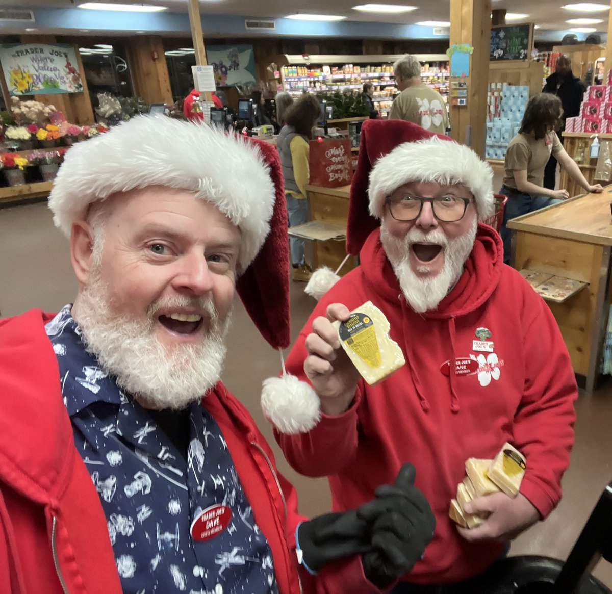 HankWH's tweet image. Just a couple of Santas at The 509 Trader Joe’s in West Newton being cheesy! #workingmen #HoHoHo