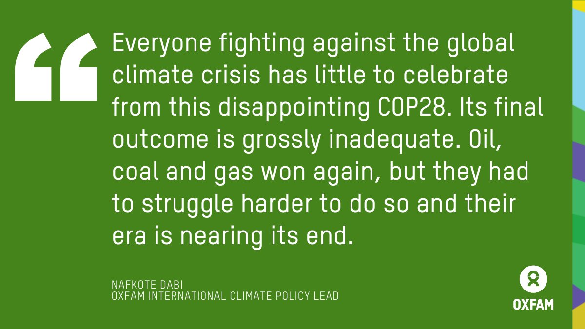 REACTION: <a href="/Oxfam/">Oxfam International</a> response to the outcome of #COP28

"COP28 was miles away from the historic and ambitious outcome that was promised," said <a href="/Oxfam/">Oxfam International</a>'s Nafkote Dabi.

Read reaction here: oxf.am/COP28outcome