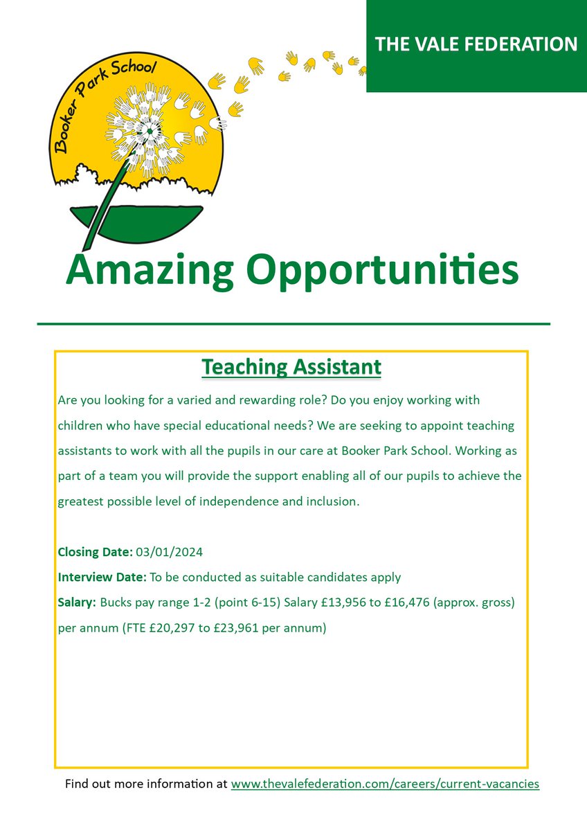 We're looking to hire a Teaching Assistant for the new term after the holidays. Take this chance to work with some amazing people and pupils. Click the link below to learn more: thevalefederation.com/careers/curren…