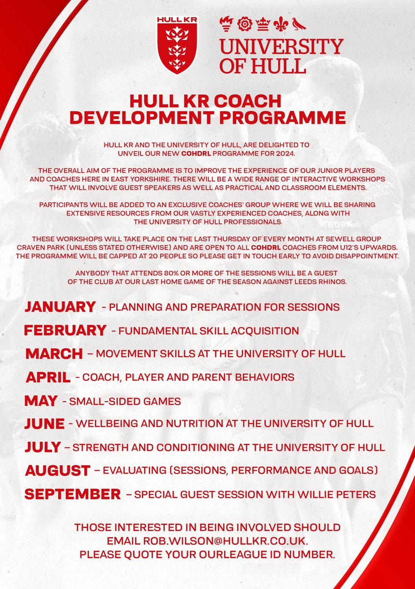 We at <a href="/hullkrofficial/">Hull KR</a> are delighted to join forces with <a href="/HullSportExSci/">Hull Sport and Exercise Science</a> and offer the local community rugby league coaches an opportunity to join our education sessions starting in January 2024

If interested please get in touch with <a href="/robwillo72/">𝐑𝐨𝐛 𝐖𝐢𝐥𝐬𝐨𝐧</a> asap

Please RT
