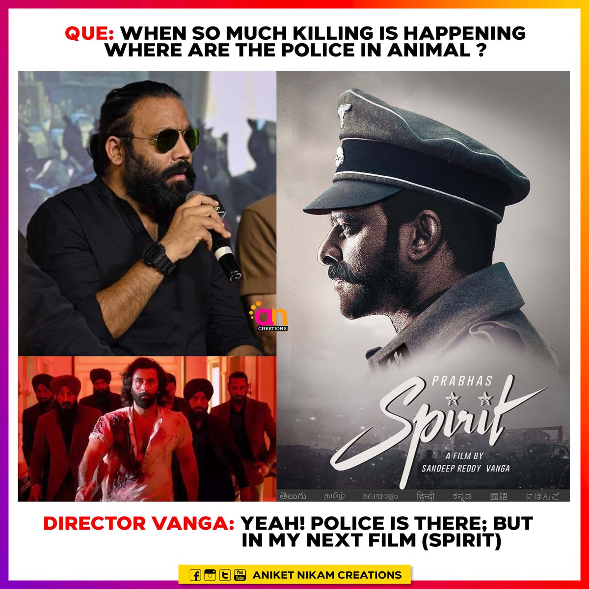 Sandeep Reddy Vanga gave hint for #Spirit starring Prabhas 🔥 #RanbirKapoor @tripti_dimri @rashmika_mandanna @sandeepreddy.vanga #triptidimri #animalmovie #animal #sandeepreddyvanga #kabirsingh #arjunreddy #rashmikamandanna #triptiinanimal #triptianimal #aniketnikamcreations