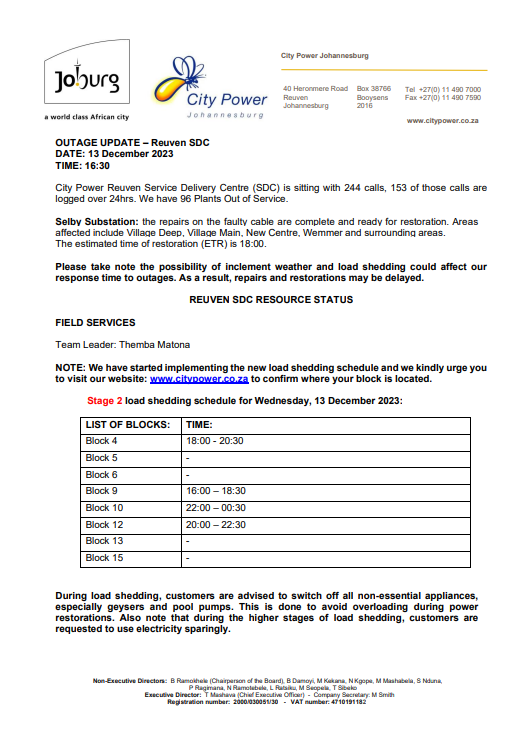 CityPowerJhb's tweet photo. #JoburgUpdates #ReuvenSDC
Kindly see today's closing statement for Reuven SDC.
#SelbySubstation Village Deep, Village Main, New Centre, Wemmer and surroundings๐. ^IM https://t.co/rQy8qd5rgo