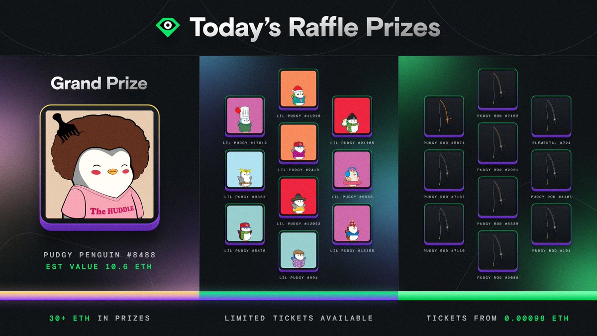 LooksRare's tweet image. 📢 Who wants to win a @pudgypenguins?

🤯 5 of you who comment why you love the Pengu + repost will win 20 Raffle entries each! 🤯

Raffle Prizes:
🐧 1x Pudgy Penguin
👶 10x Lil Pudgys
🎣 10x Pudgy Rods

Feeling lucky? Get Raffle tickets here:
🎟️looksrare.org/raffles/V2/290

Winners…