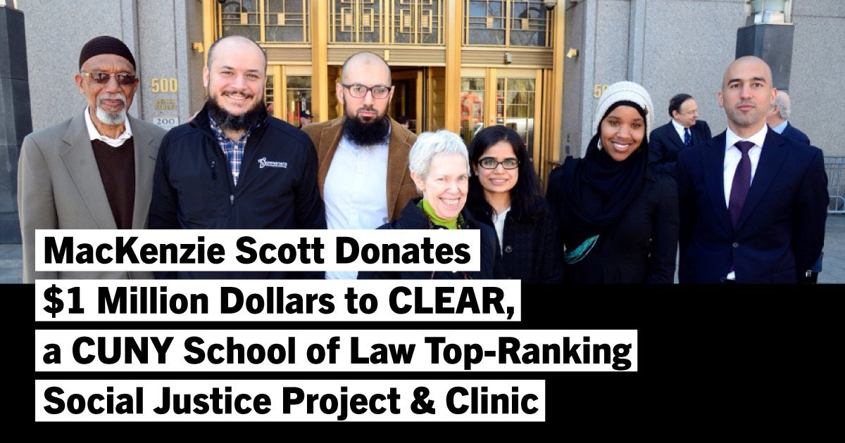 We thank MacKenzie Scott for this generous gift. It will help ensure CLEAR can continue its work supporting communities and movements targeted by law enforcement practices and policies. This work is needed more than ever in our current moment. law.cuny.edu/newsroom_post/…