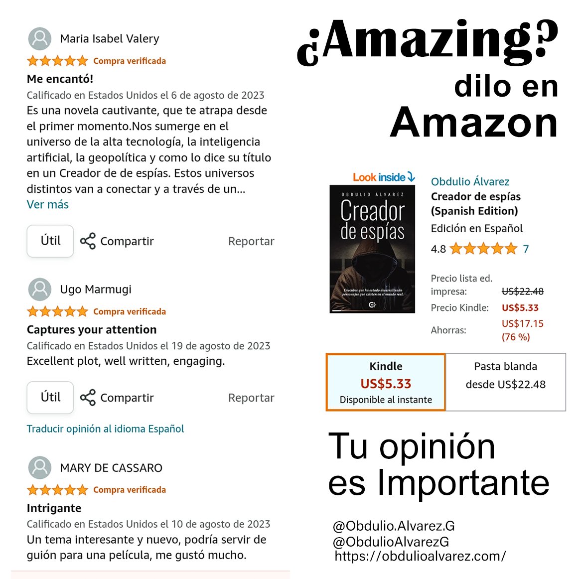 Si leiste mi novela y te gustó, no olvides recomendarla a otros lectores. Una buena manera es calificándola en Amazon. Ellos se encargarán de recomendarlas en tu nombre. Ayudarás a otros lectores y me ayudarás a mí. 

Un millón de Gracias.

#LibrosRecomendados #librospararegalar