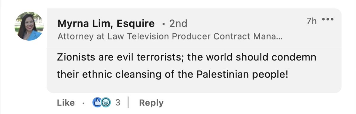StopAntisemites's tweet image. Myrna Lim is a CA licensed attorney who works for the CA Dept. of Public Health according to her LinkedIn.

Attached is a tiny sampling of her horrific social media posts calling 90%+ of Jews globally "terrorists" and "genocidal maniacs".

Imagine being a Jewish coworker of hers…