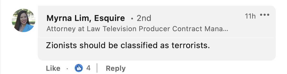 StopAntisemites's tweet image. Myrna Lim is a CA licensed attorney who works for the CA Dept. of Public Health according to her LinkedIn.

Attached is a tiny sampling of her horrific social media posts calling 90%+ of Jews globally "terrorists" and "genocidal maniacs".

Imagine being a Jewish coworker of hers…