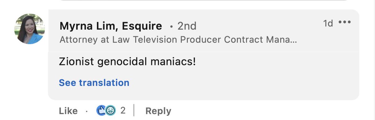 StopAntisemites's tweet image. Myrna Lim is a CA licensed attorney who works for the CA Dept. of Public Health according to her LinkedIn.

Attached is a tiny sampling of her horrific social media posts calling 90%+ of Jews globally "terrorists" and "genocidal maniacs".

Imagine being a Jewish coworker of hers…