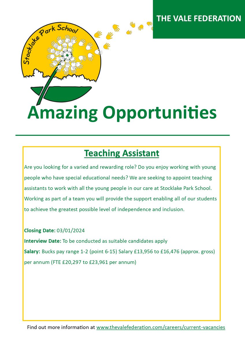 We're looking to hire a Teaching Assistant for the new term after the holidays. Take this chance to work with some amazing people and pupils. Click the link below to learn more: thevalefederation.com/careers/curren…