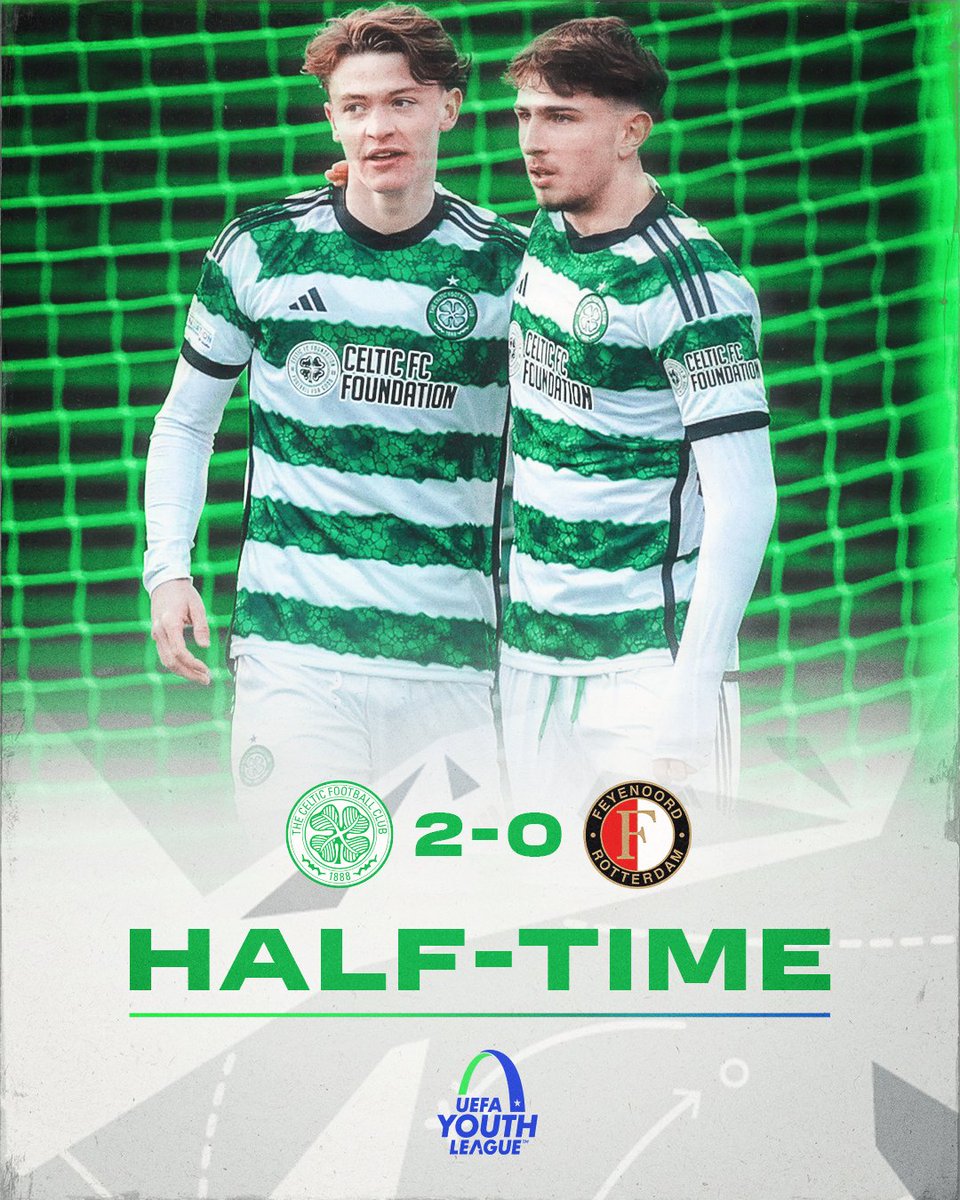 The young Hoops take a two goal lead in at the break ✌️👏 🟢2⃣-0⃣🔵 #CelticFeyenoord | #UYL | #COYBIG🍀